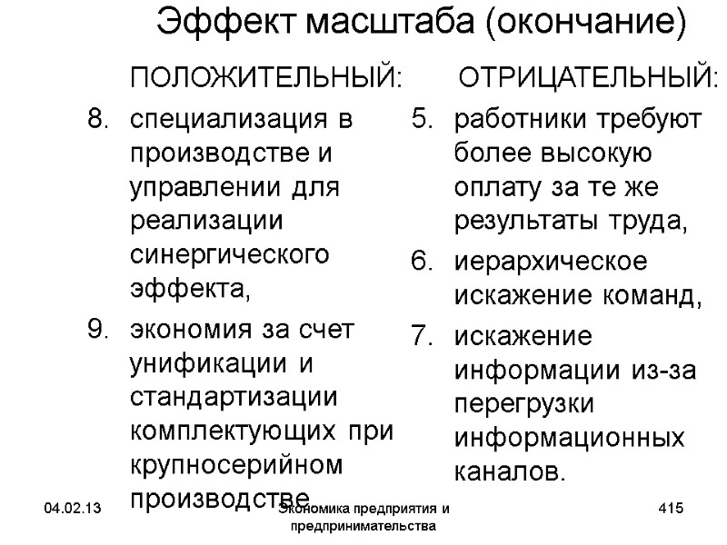 04.02.13 Экономика предприятия и предпринимательства 415 Эффект масштаба (окончание) ПОЛОЖИТЕЛЬНЫЙ: специализация в производстве 04.02.13 Экономика предприятия и предпринимательства 415 Эффект масштаба (окончание) ПОЛОЖИТЕЛЬНЫЙ: специализация в производстве